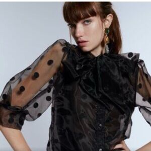 Zara Black Sheer Polka Dot organza Blouse XS